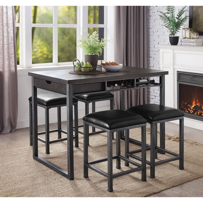 Rustic Wood and Metal Counter Height Table with One Side Drawer, Black and Brown