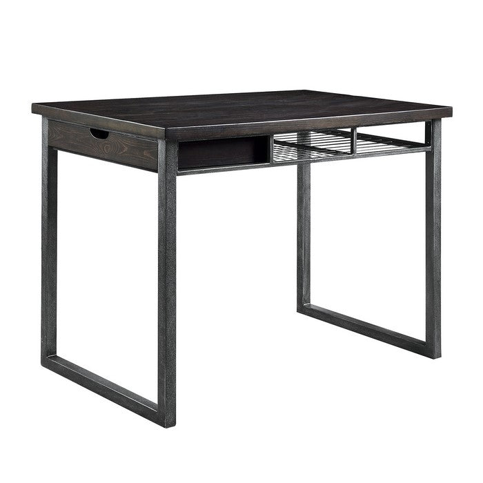 Rustic Wood and Metal Counter Height Table with One Side Drawer, Black and Brown