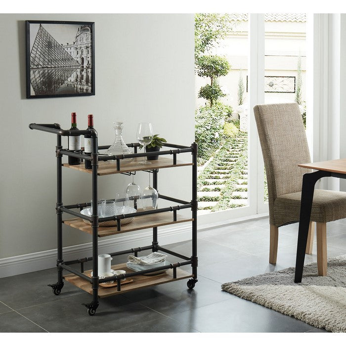 Rustic Three Tier Wood and Metal Serving Cart, Black and Brown