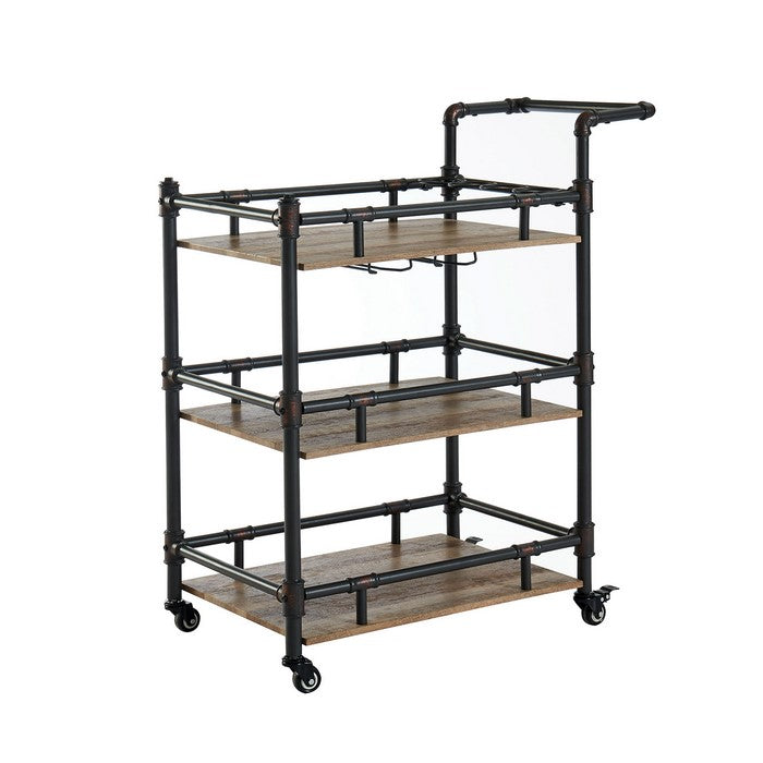 Rustic Three Tier Wood and Metal Serving Cart, Black and Brown
