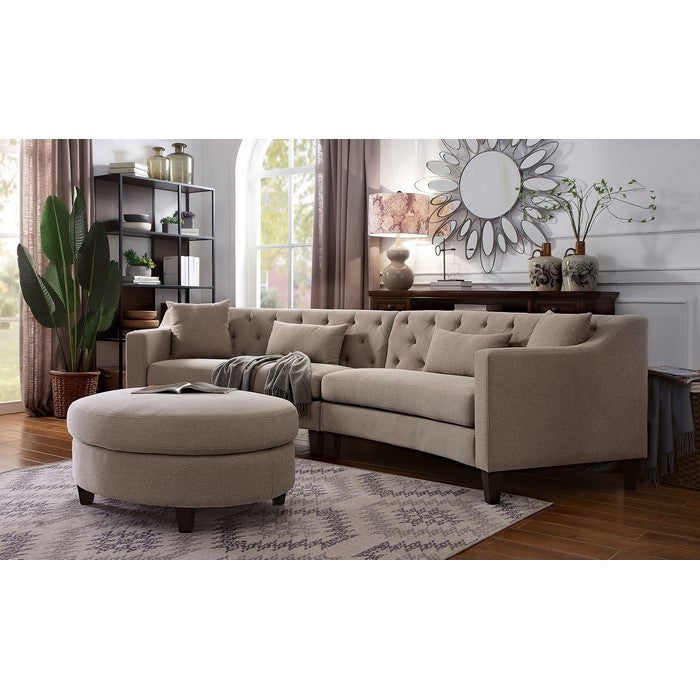 Contemporary Fabric Upholstered Solid Wood Ottoman with Tapered Legs, Beige and Brown