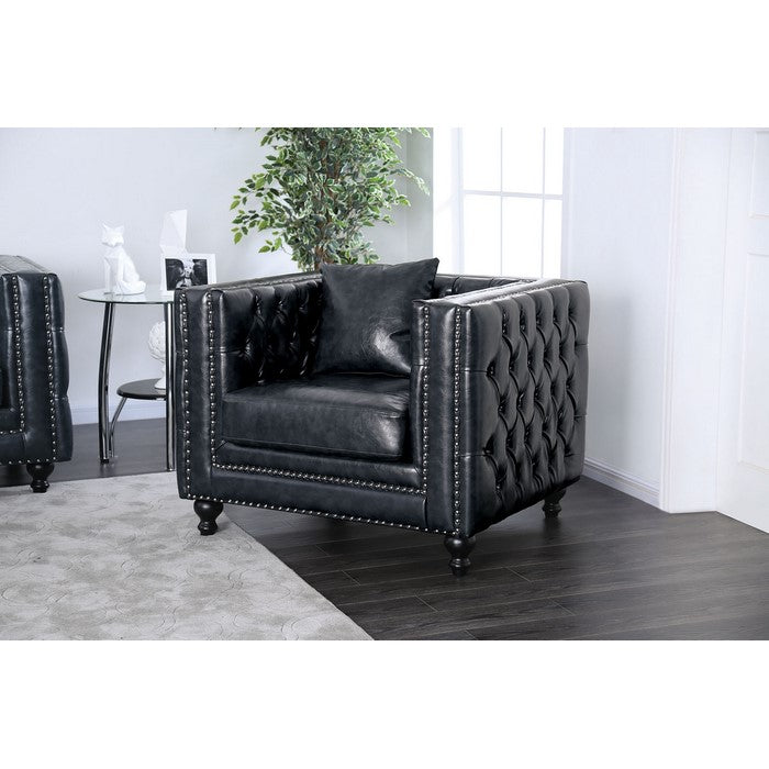 Button Tufted Tuxedo Inspired Leatherette Upholstery Solid Wood Chair with Nail Head Trim, Black