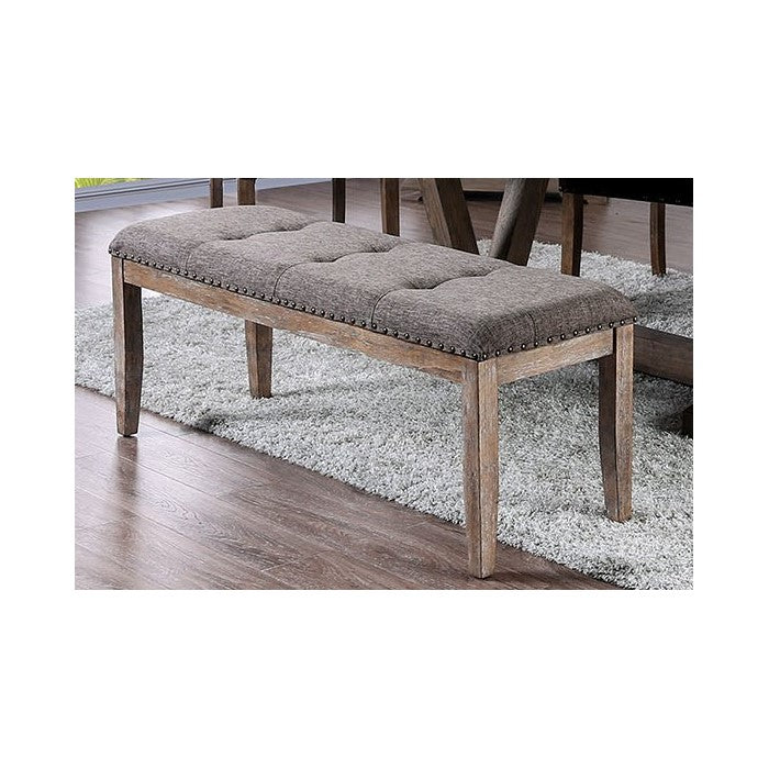 Rectangular Shaped Solid Wood and Fabric Upholstered Bench with Nail head Trims , Brown and Gray