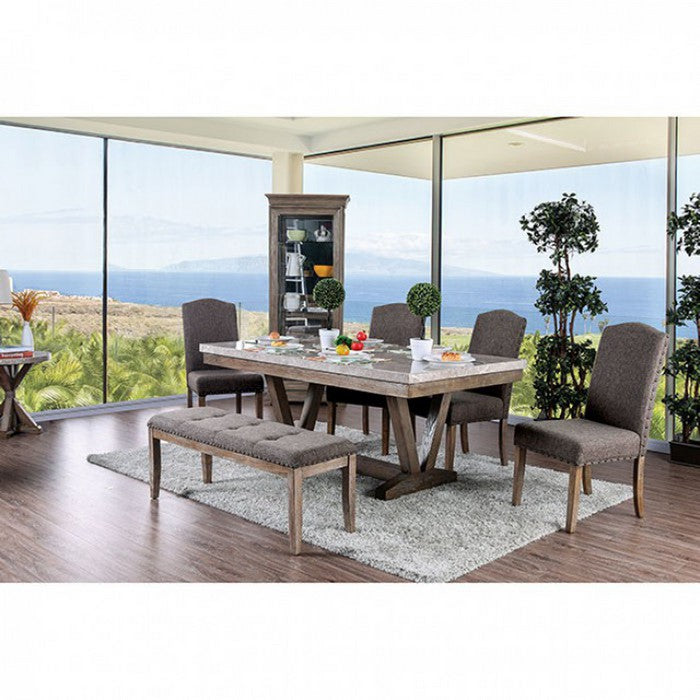 Transitional Style Solid Wood Dining Table with Marble Top, Brown and Gray