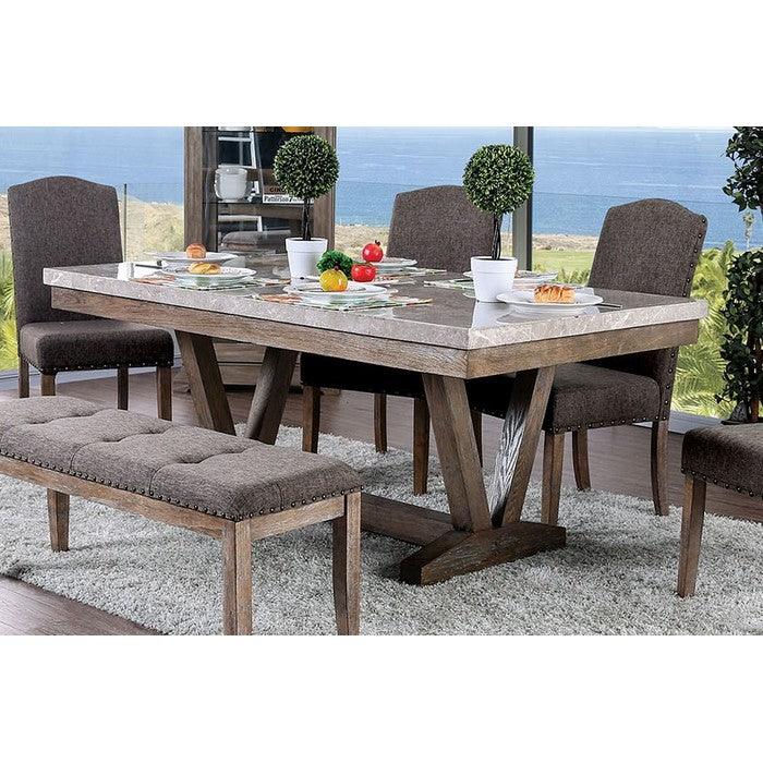 Transitional Style Solid Wood Dining Table with Marble Top, Brown and Gray