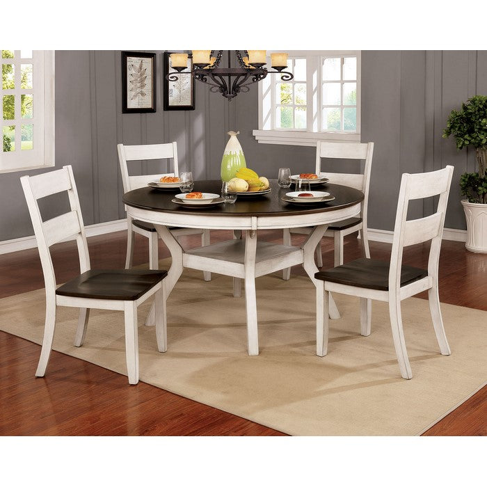 Transitional Style Solid Wood Round Dining Table with Turned Legs, White and Brown