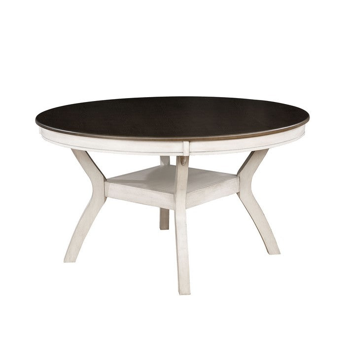 Transitional Style Solid Wood Round Dining Table with Turned Legs, White and Brown