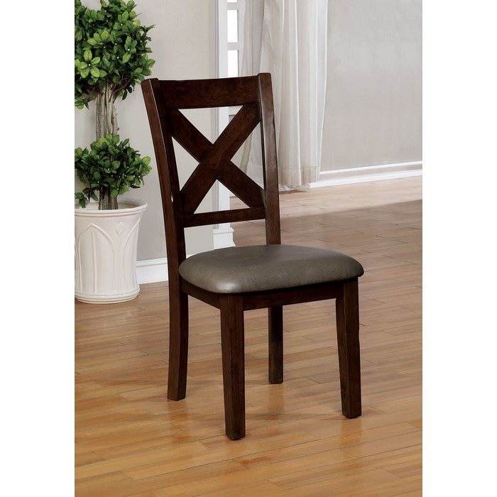 Transitional Style Faux Leather Solid Wood Side Chair with X Cross Backing, Pack of Two, Brown