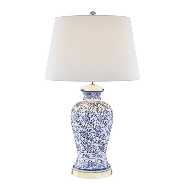 Contemporary Style Ceramic Table Lamp with Floral Print, Blue and White