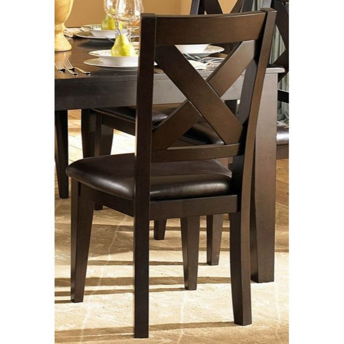 Leatherette Upholstered Wooden Side Chair with X-Back Design, Dark Brown, Set of Two