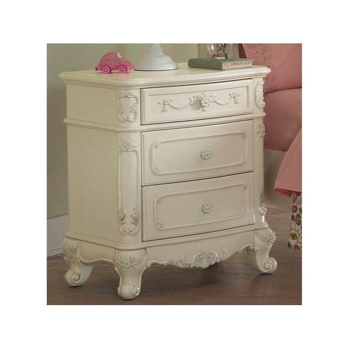 Traditional Three Drawers Wood Night Stand with Cabriole Legs, White