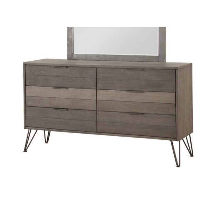 Contemporary Style Solid Wood Dresser with Metal Hairpin Legs, Grey