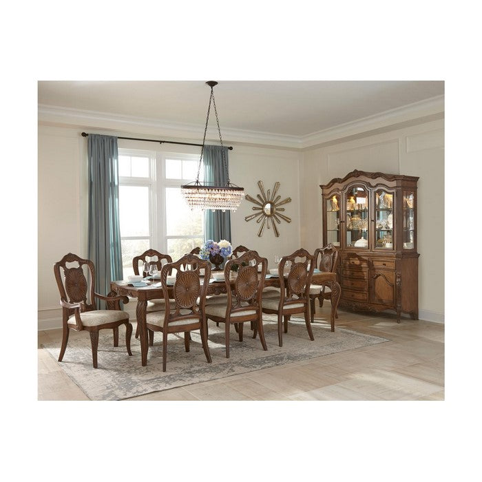 Leatherette Upholstered Wooden Arm Chair with Scrolled Crown, Brown and Cream, Set of Two