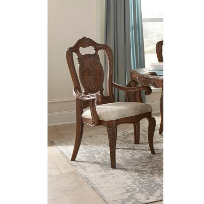 Leatherette Upholstered Wooden Arm Chair with Scrolled Crown, Brown and Cream, Set of Two