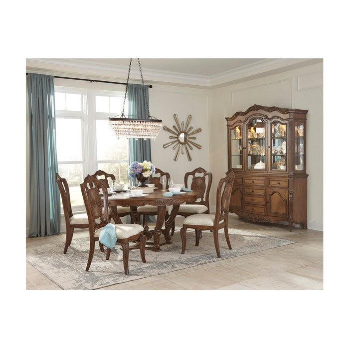 Leatherette Upholstered Wooden Side Chair with Scrolled Crown, Brown and Cream, Set of Two