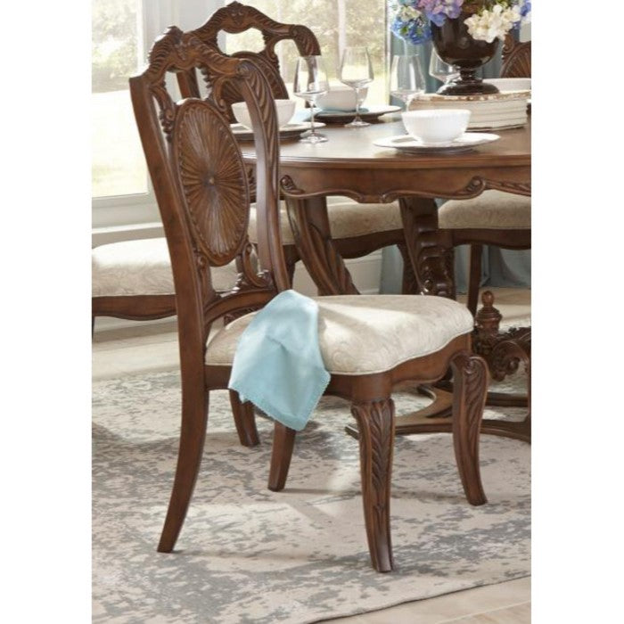 Leatherette Upholstered Wooden Side Chair with Scrolled Crown, Brown and Cream, Set of Two