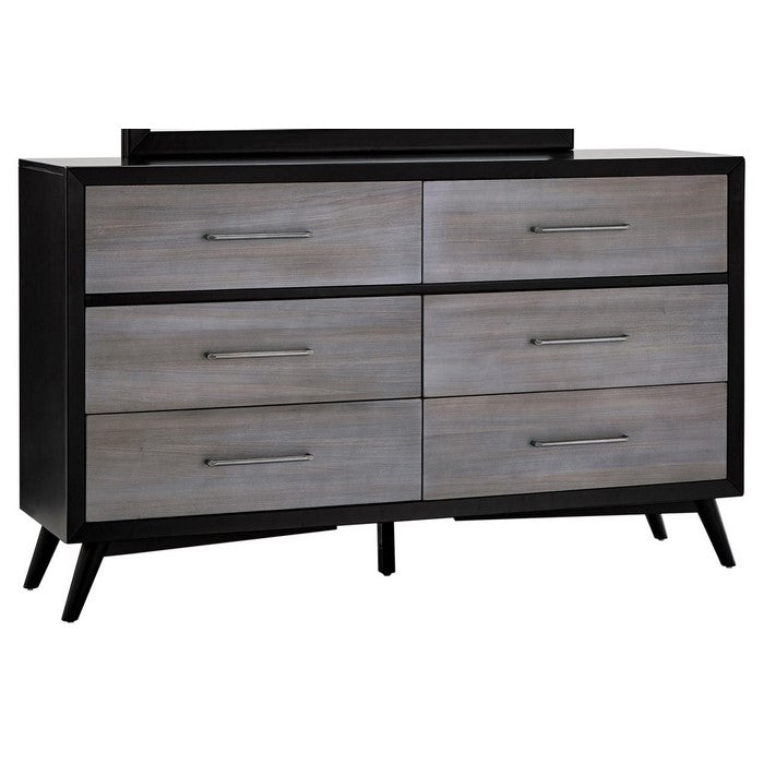 Contemporary Six Drawers Wood Dresser with Metal Handles, Gray and Black