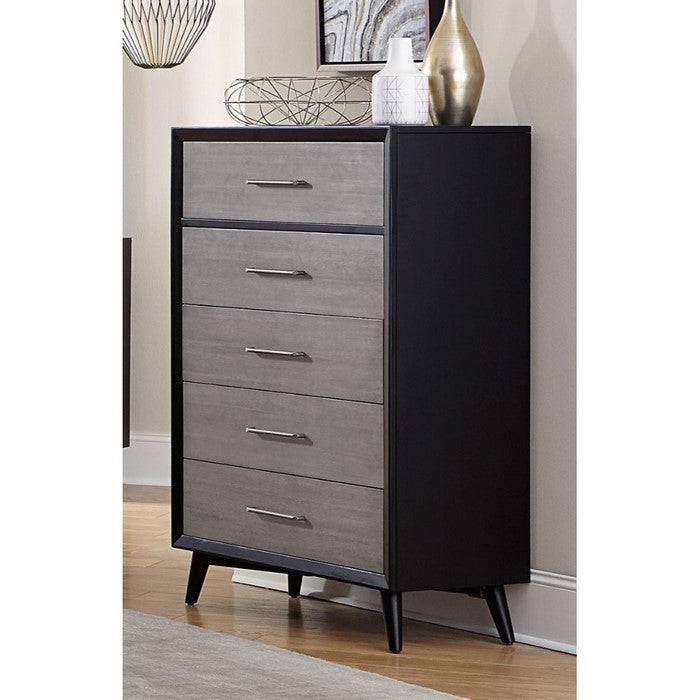Contemporary Five Drawers Wood Chest with Metal Handles, Gray and Black