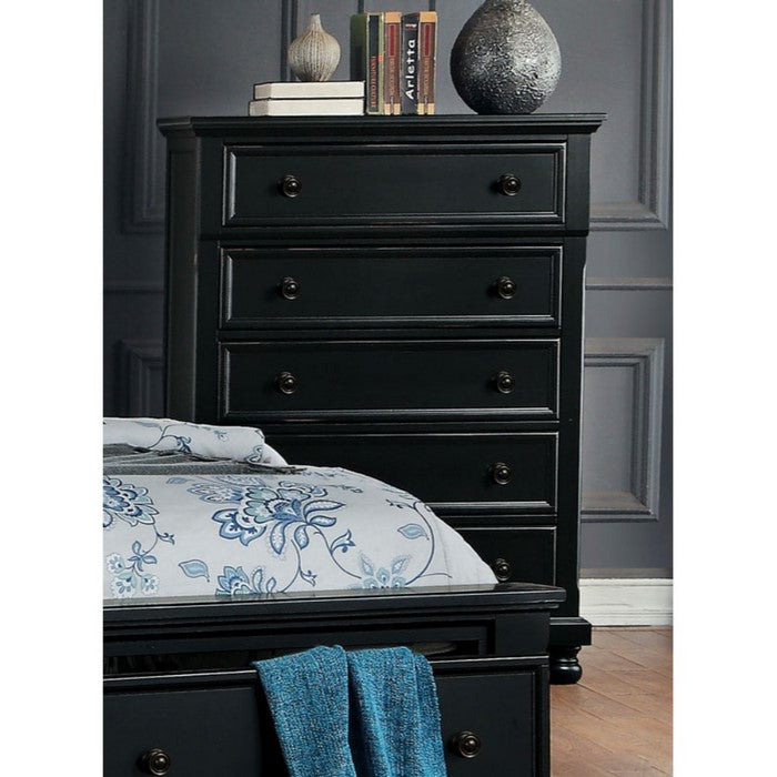 Transitional Style Five Drawer Wooden Chest with Round Bun Legs, White