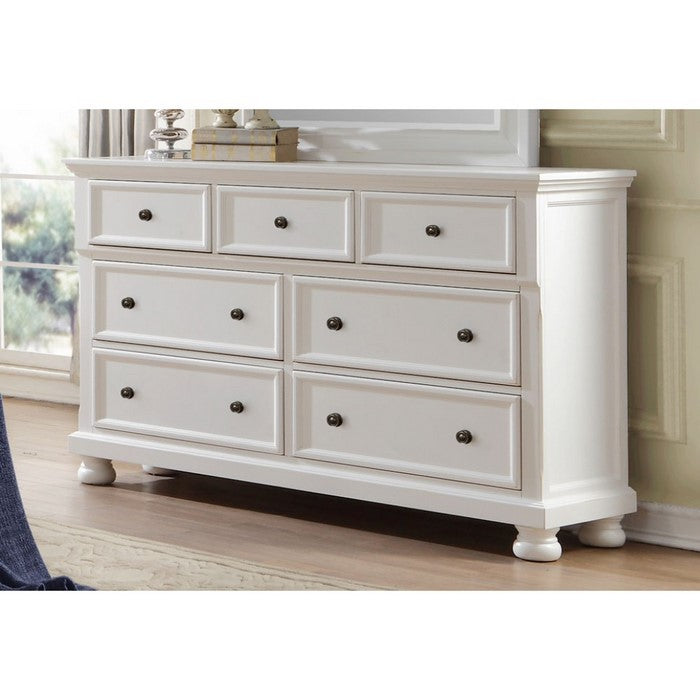 Transitional Style Seven Drawer Wooden Dresser with Round Bun Legs, White