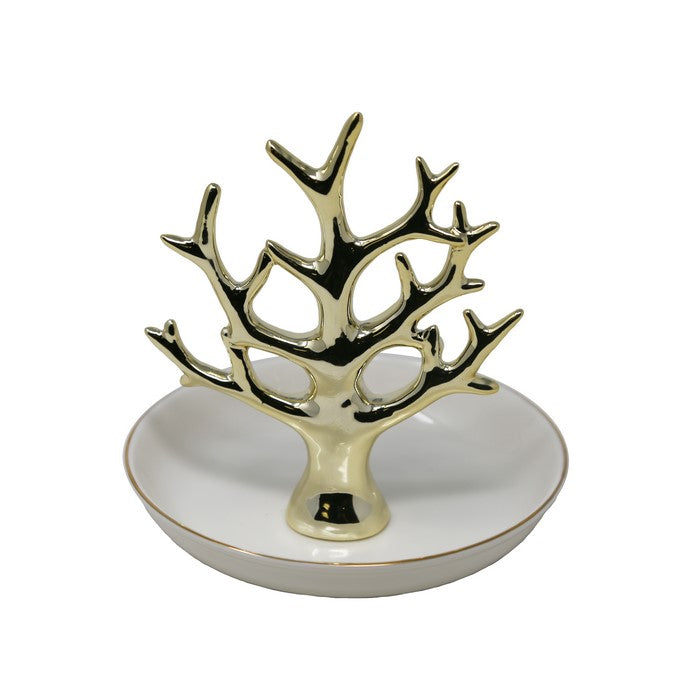 decorative Ceramic Tree Ring Holder with Trinket Tray, White and Gold