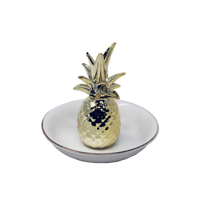 decorative Ceramic Pineapple Ring Holder with Trinket Tray, White and Gold
