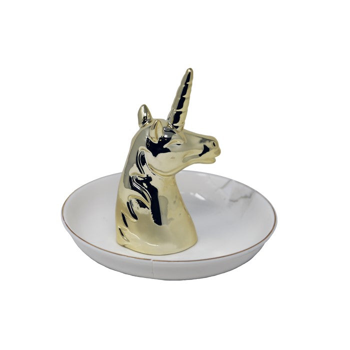 decorative Ceramic Unicorn Ring Holder with Trinket Tray, Large, White and Gold