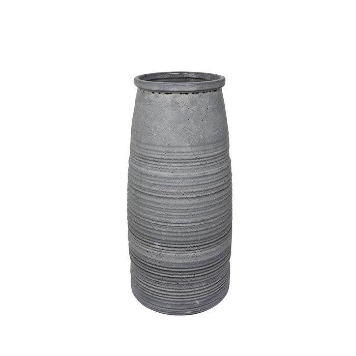 CeramicDecorative Vase with Horizontal Ribbed Body Design, Large, Gray