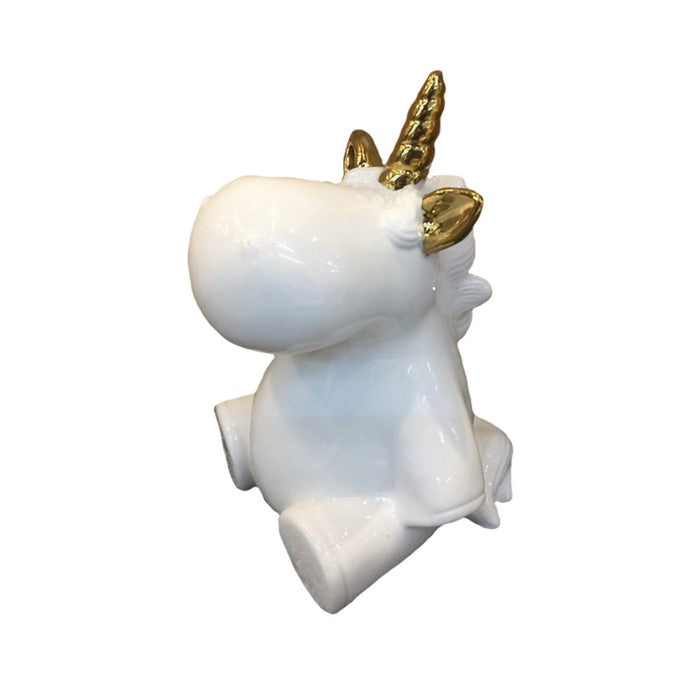 decorative Ceramic Baby Unicorn Figurine, White and Gold