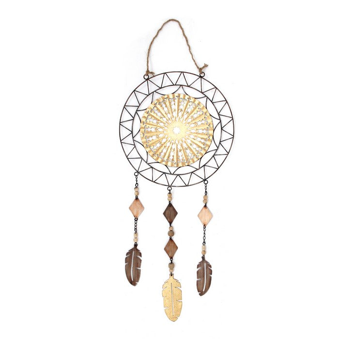 Metal Dreamcatcher with Three Strings At Bottom and Rope Hanging, Multicolor