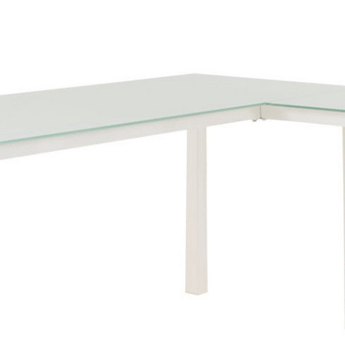 Metal L Shape Desk with Frosted Glass Top and Block Legs, White