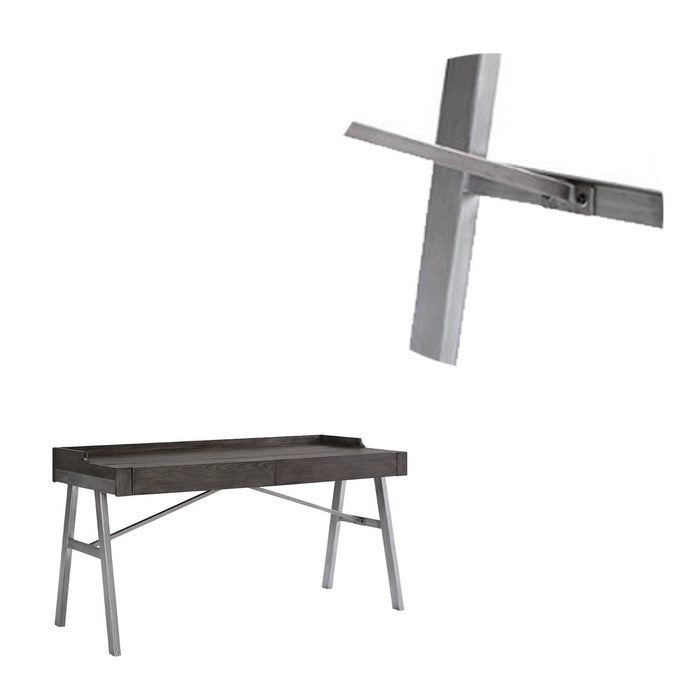 Two Drawers Wooden Top Desk with Angled Metal Base, Gray and Black