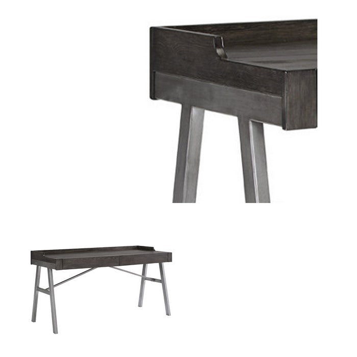 Two Drawers Wooden Top Desk with Angled Metal Base, Gray and Black