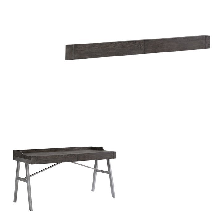 Two Drawers Wooden Top Desk with Angled Metal Base, Gray and Black