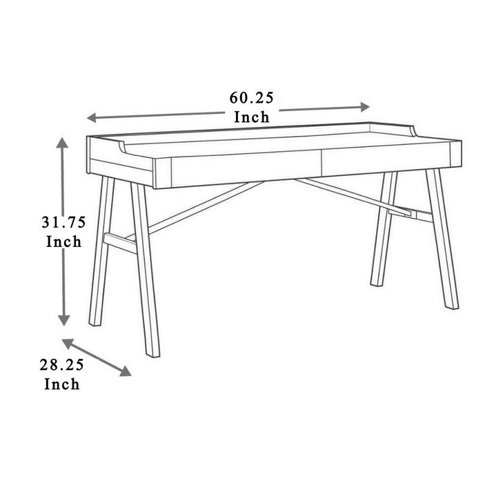 Two Drawers Wooden Top Desk with Angled Metal Base, Gray and Black