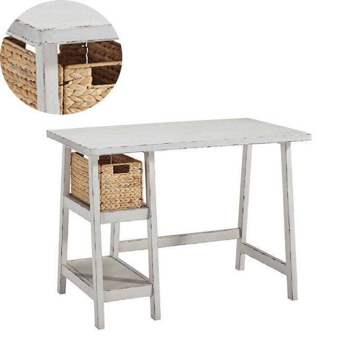 Distressed Wooden Desk with Two Display Shelves and Trestle Base, Small, White