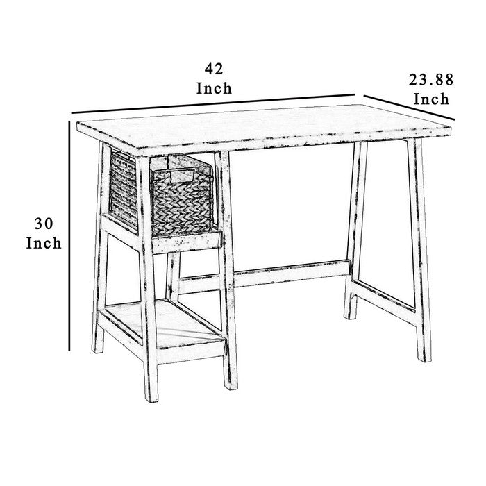 Distressed Wooden Desk with Two Display Shelves and Trestle Base, Small, White