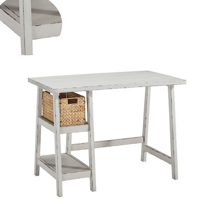 Distressed Wooden Desk with Two Display Shelves and Trestle Base, Small, White
