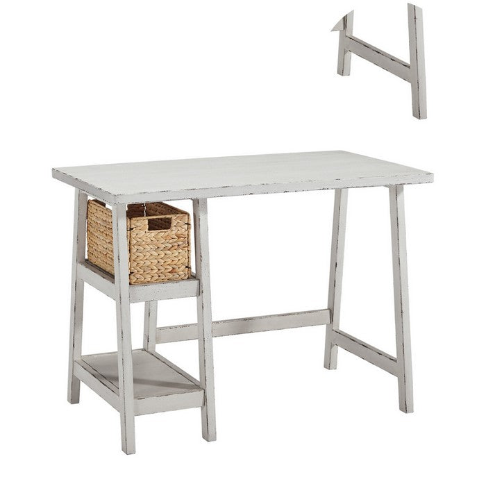 Distressed Wooden Desk with Two Display Shelves and Trestle Base, Small, White
