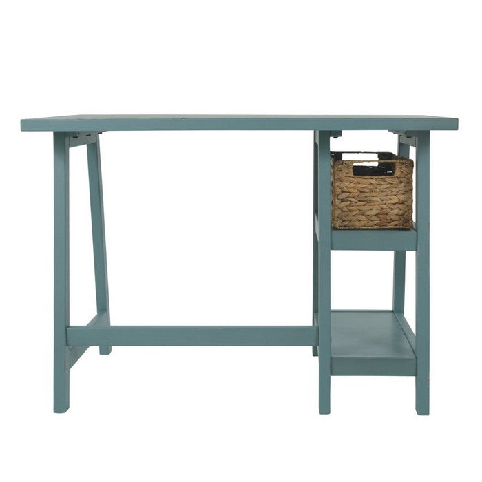 Distressed Wooden Desk with Two Display Shelves and Trestle Base, Small, Teal Blue