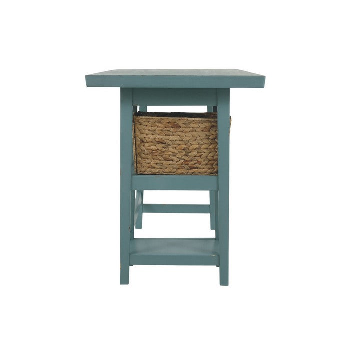 Distressed Wooden Desk with Two Display Shelves and Trestle Base, Small, Teal Blue