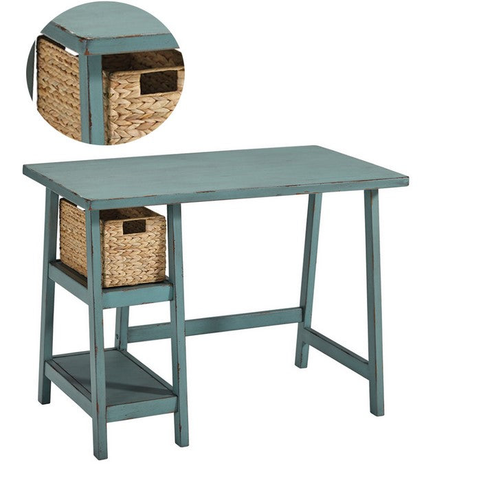Distressed Wooden Desk with Two Display Shelves and Trestle Base, Small, Teal Blue