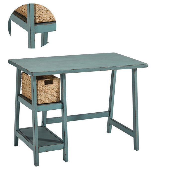 Distressed Wooden Desk with Two Display Shelves and Trestle Base, Small, Teal Blue