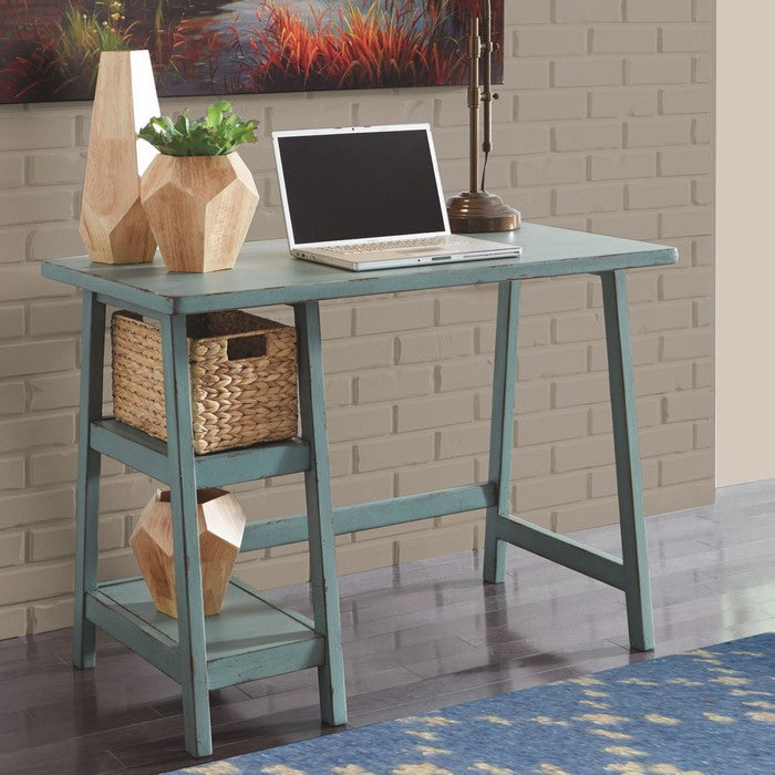 Distressed Wooden Desk with Two Display Shelves and Trestle Base, Small, Teal Blue