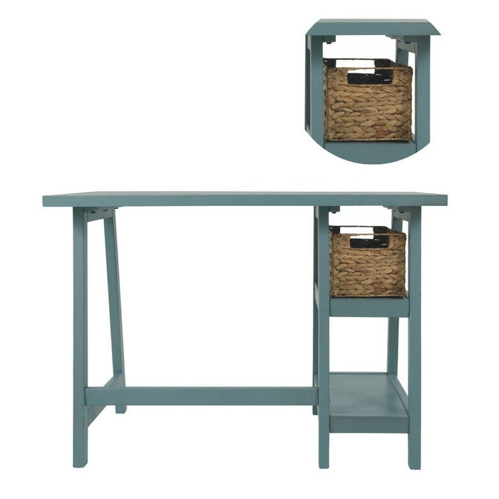 Distressed Wooden Desk with Two Display Shelves and Trestle Base, Small, Teal Blue