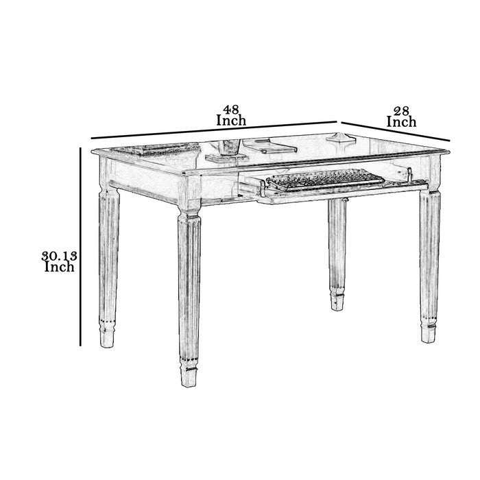 Wooden Desk with Drop Down Keyboard Tray and Turned Legs, Brown
