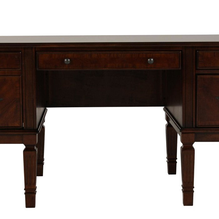 Spacious Wooden Desk with Pilaster Leg Storage and Keyboard Tray, Brown