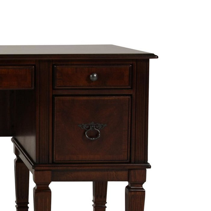 Spacious Wooden Desk with Pilaster Leg Storage and Keyboard Tray, Brown
