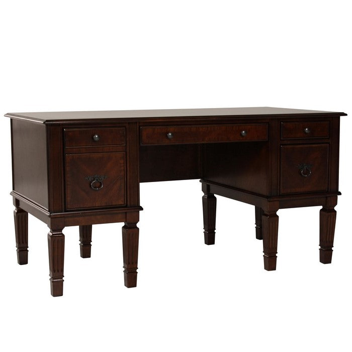 Spacious Wooden Desk with Pilaster Leg Storage and Keyboard Tray, Brown