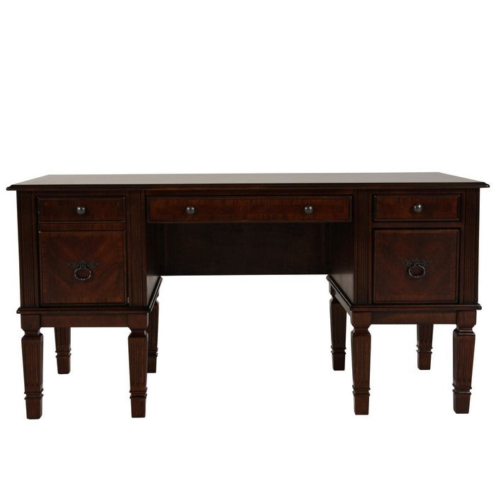 Spacious Wooden Desk with Pilaster Leg Storage and Keyboard Tray, Brown